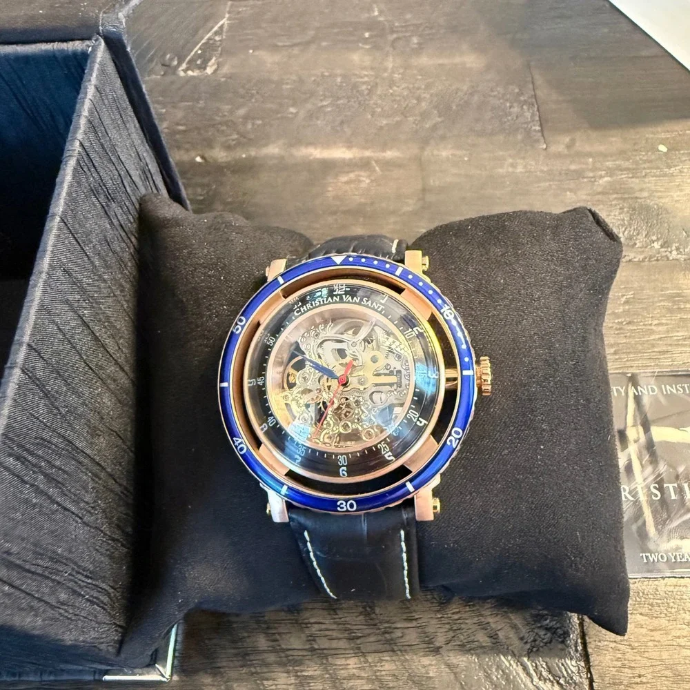 Christian Van Sant CV0743 Montego Skeleton Automatic Watch Rose Gold Blue Bezel